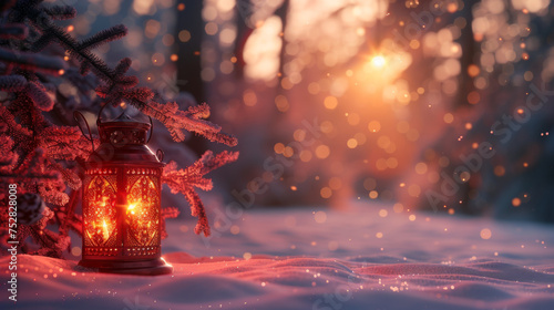 Christmas Lantern On Snow With Fir Branch In Evening Scene.