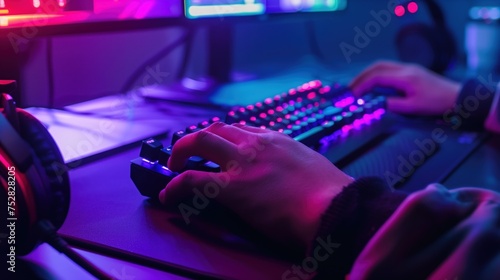 Gamer Hands on RGB Keyboard with Neon Lighting, Close-up of gamer's hands typing on a colorful RGB keyboard in a dark room with neon light ambiance.