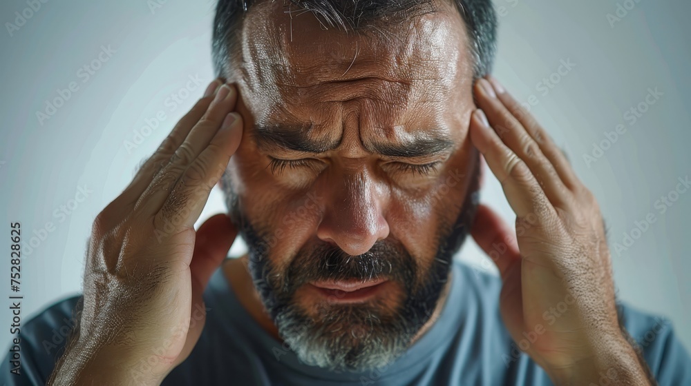 The people's expressions showed pain. Pain in the head area By touching your temple with your hand, close-up photo The people's expressions showed pain. Pain in the head area By touching your temple with your hand, close-up photo