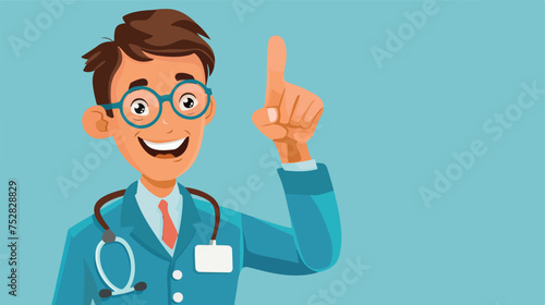 Funny man doctor in blue coat with stethoscope raised.