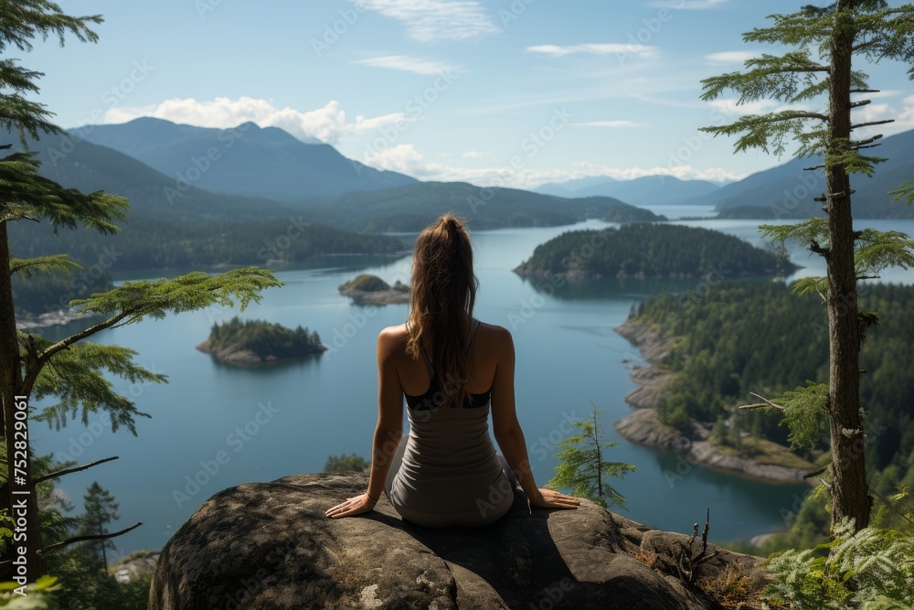 A young woman sits on the edge of a cliff and admires the lakes and islands, rear view