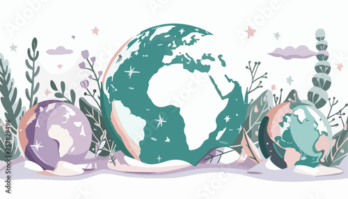 A vector illustration of three earths with different biomes