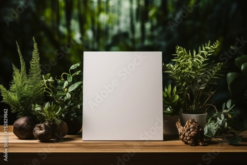 A white blank sheet of paper with a copy space among green plants, advertising eco-friendly products