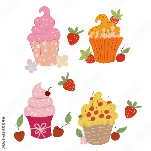 Set of vector cupcakes, pastries, fruit muffins