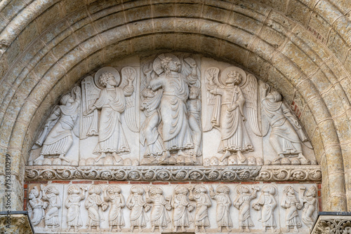 Valokuva Closeup view of the ancient romanesque tympanum representing the Ascension of Ch