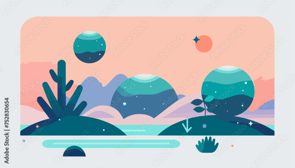 A flat vector illustration of an abstract landscape with two round shapes A flat vector illustration of an abstract landscape with two round shapes