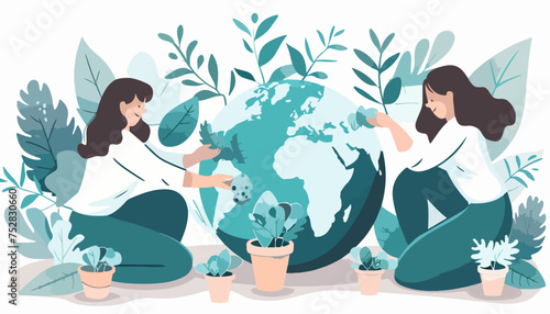 A flat vector illustration shows two women planting trees on Earth