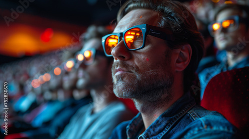 Cinema. The audience in 3D glasses watching a movie. A white screen for your image. © Matthew
