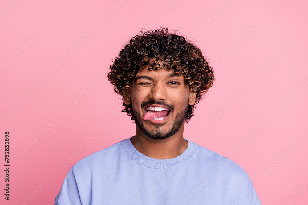 Fototapeta premium Photo of crazy funky cheerful woman wear blue outfit have fun good mood cool party isolated on pink color background