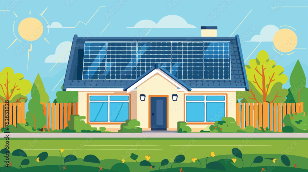 illustration of home with solar panel over lawn and fe