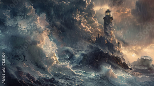 A fierce tempest pounds the sturdy lighthouse with towering waves, yet it remains resolute against the relentless fury of the ocean's assault photo