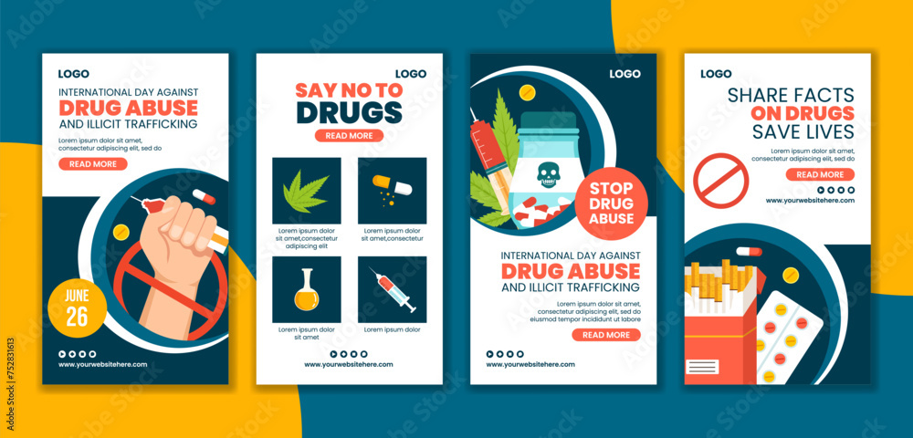 Fototapeta premium Drug Abuse and Trafficking Social Media Stories Cartoon Hand Drawn Templates Background Illustration