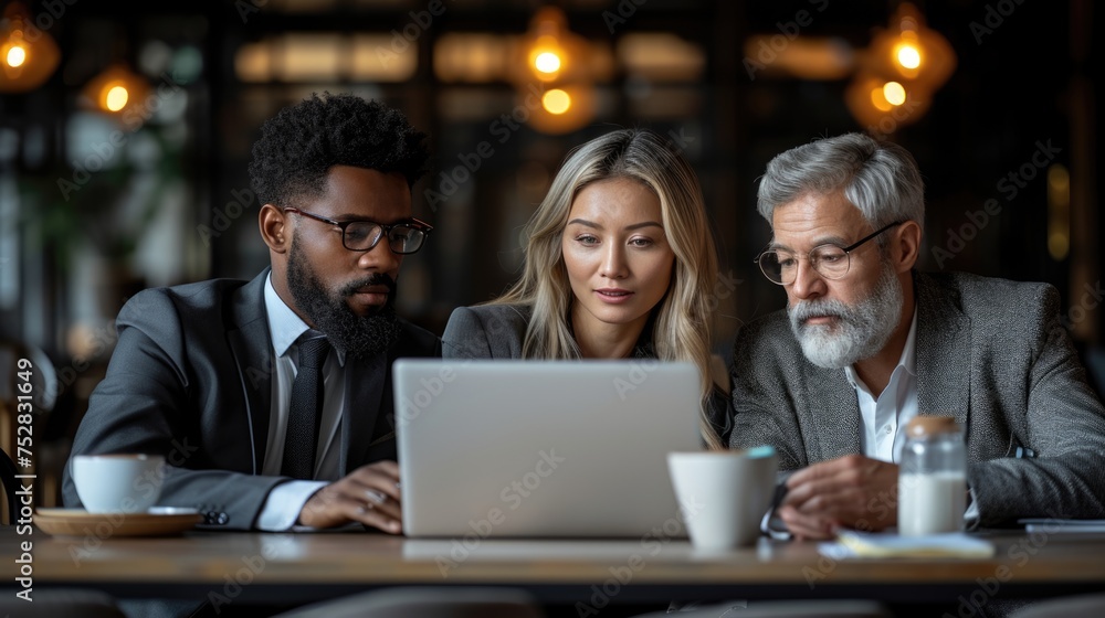 Business colleagues analyzing data on a laptop in a cafe. Business colleagues analyzing data on a laptop in a cafe.