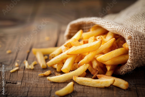  Fresh fries spilling from a burlap sack.