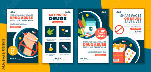 Drug Abuse and Trafficking Social Media Stories Cartoon Hand Drawn Templates Background Illustration