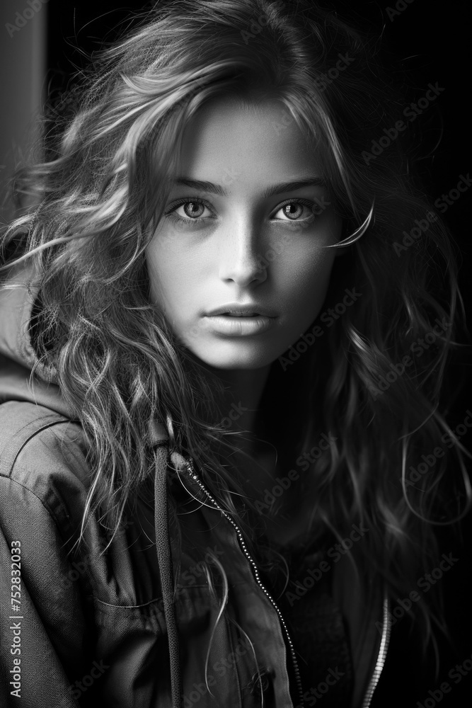 Portrait of a young woman in monochrome. Close-up with dramatic lighting. Portrait of a young woman in monochrome. Close-up with dramatic lighting.