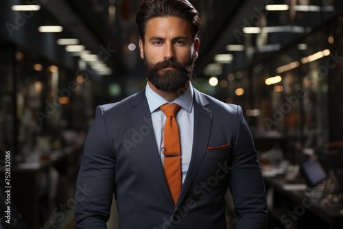 Confident businessman in blue suit with orange tie. © Julia Jones