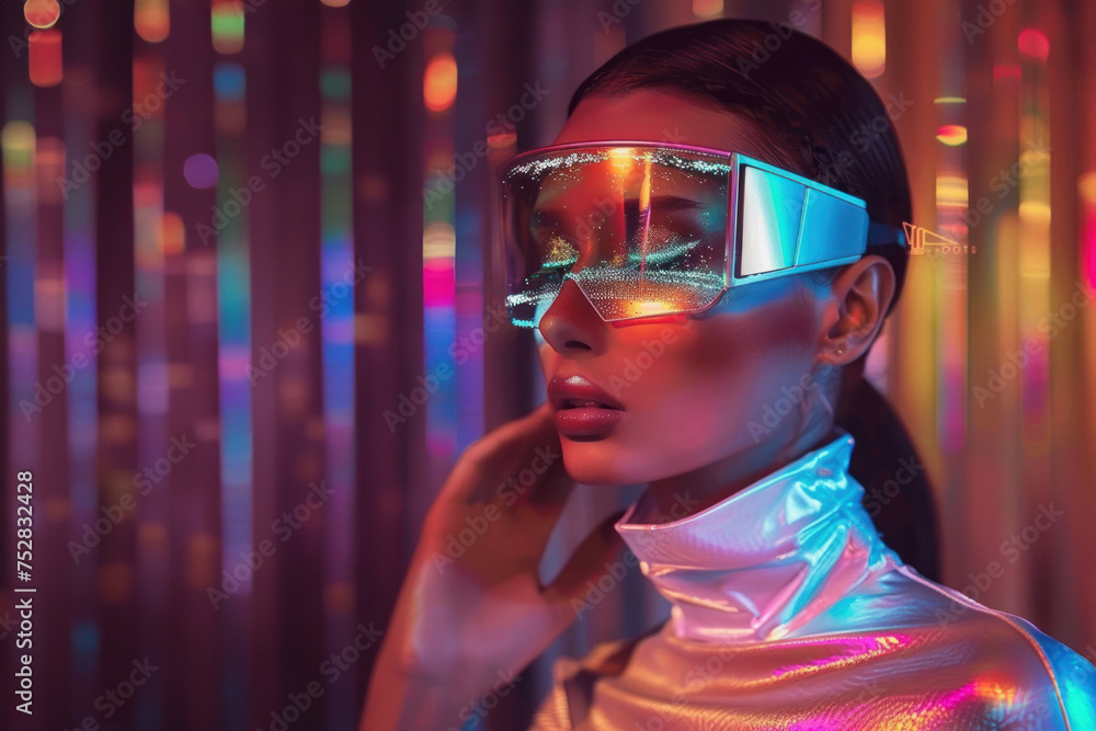 The image portrays a stylish person in techwear with glowing eyewear set against a warm-hued background The image portrays a stylish person in techwear with glowing eyewear set against a warm-hued background