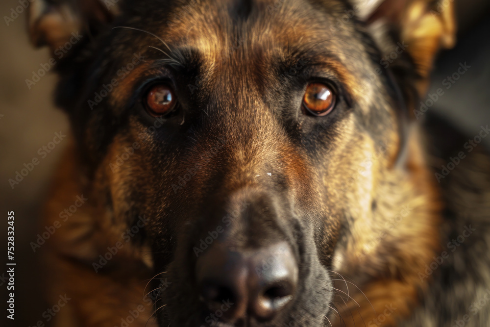 Close up, frontal headshot portrait of a German Shepherd looking at camera. Close up, frontal headshot portrait of a German Shepherd looking at camera.