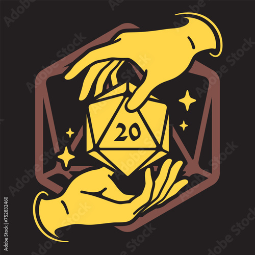 Hands Around D20 Dice That Floating in the Air. Vector Illustration in Silhouette Style