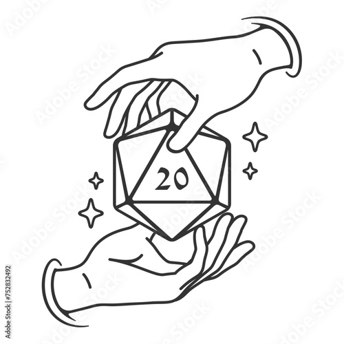 Hands Around D20 Dice That Floating in the Air. Vector Illustration in Outline Style