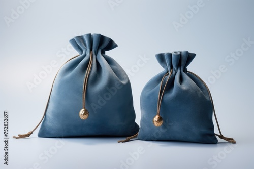 Two Blue Fabric Drawstring Bags on Light Background