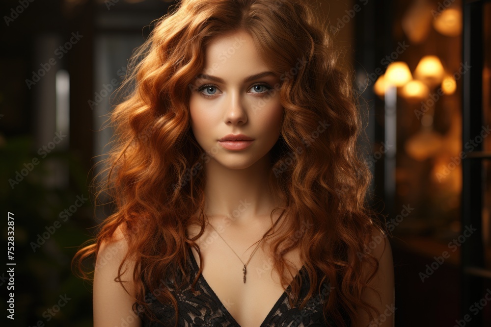 Portrait of a woman with curly red hair and lace dress. Studio beauty shot. Portrait of a woman with curly red hair and lace dress. Studio beauty shot.