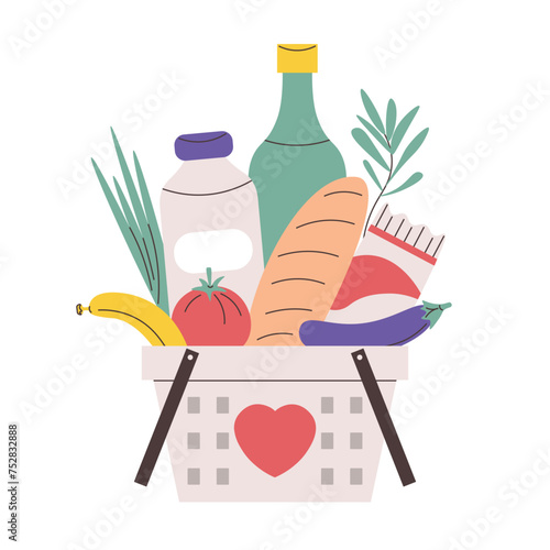 Donation basket full food. Concept charity and social assistance. Different products for those in need. Humanitarian voluntary assistance. Food donation. Flat vector isolated illustration.