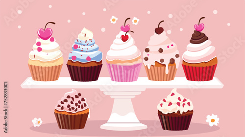 Table with delicious cupcakes. Flat vector.