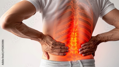back pain, lower back pain, posture Posture for back pain by holding both hands on the back, close-up