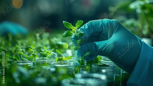 A man picks up a plant grown in a modern laboratory with his hands wearing clean gloves.
