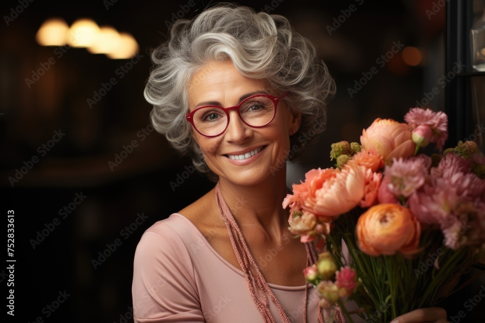 Smiling woman holding bouquet of flowers. Studio portrait with black background. Smiling woman holding bouquet of flowers. Studio portrait with black background.