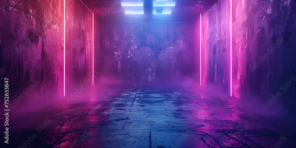Smoke Fog Futuristic Hall ,Smoke Fog Futuristic Hall Corridor with Neon Laser Led Blue Purple Glowing Tunnel Metal Reflection 