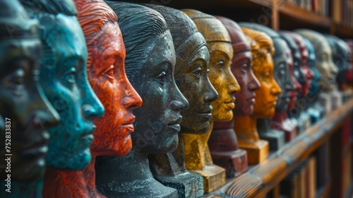 Statues with heads of various shapes and faces of various colors lined up in rows.