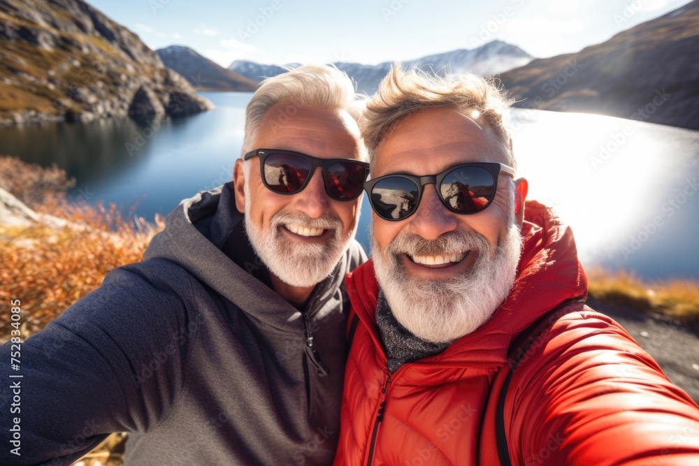 Two smiling bearded men taking selfie with mountain lake in background. Two smiling bearded men taking selfie with mountain lake in background.