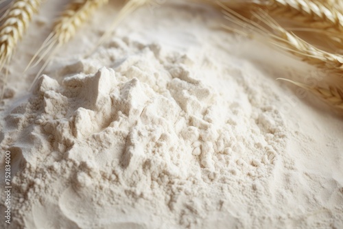 Close-up of wheat flour with grains on a white background.
