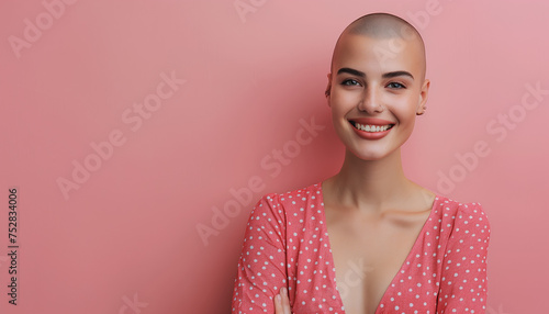 smiling beautiful young bald woman with cancer standing with arms crossed and feeling confident isolated over a pink background