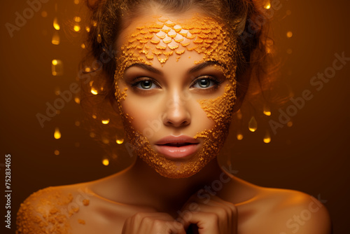 femme, mannequin caucasien, pour des produits de beauté, crème de visage, soins à base de produits de la ruche, comme le miel ou la gelée royale. visage recouvert de pollen doré en alvéole. photo
