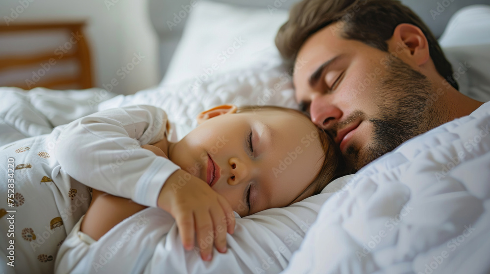 father and baby sleeping together in white bed at home father and baby sleeping together in white bed at home