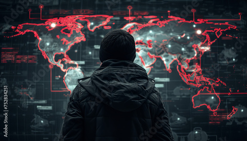 Global cyber threat concept with a hacker targeting a world map interface - wide format