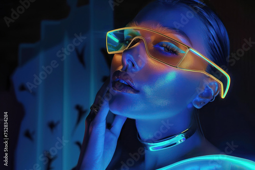 A stylish young woman posing with neon yellow glasses in a dark environment, accentuating her contemporary fashion sense