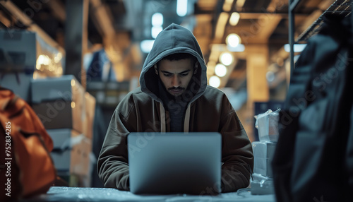 In an obscure urban setting - a young hacker in a hoodie diligently works on a laptop - executing clandestine operations - wide format