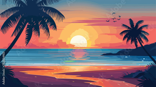 Vector illustration of summer beach at sunset. Flat sty