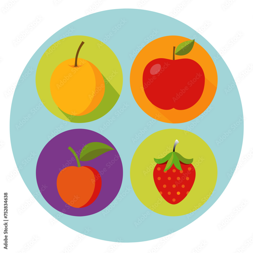 Fruit icons set in flat style. Apple, strawberry, cherry, strawberrycot Fruit icons set in flat style. Apple, strawberry, cherry, strawberrycot