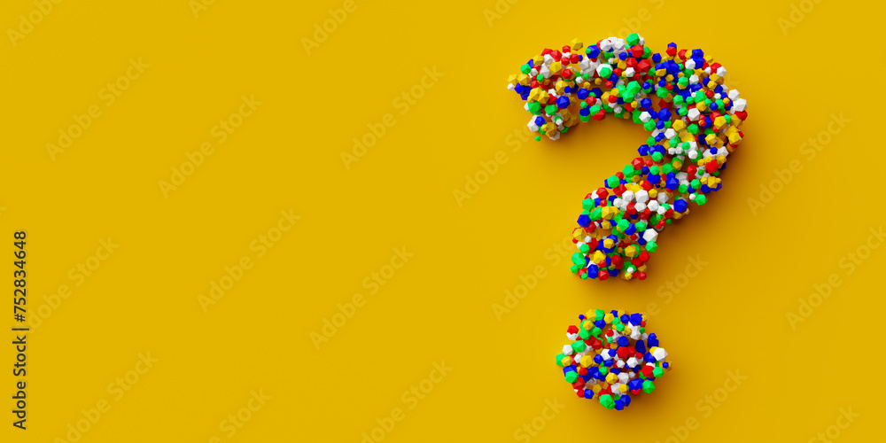 Yellow copy space background with question mark symbols in various shapes. 3d rendering