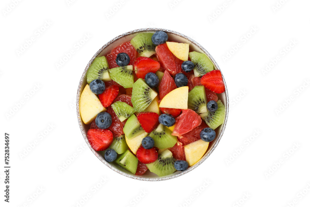 PNG, white plate with fruit salad, isolated on white background.