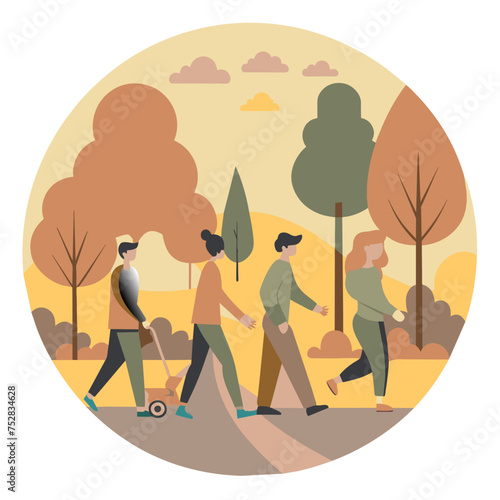 People walking in the park. Vector illustration in flat design style.