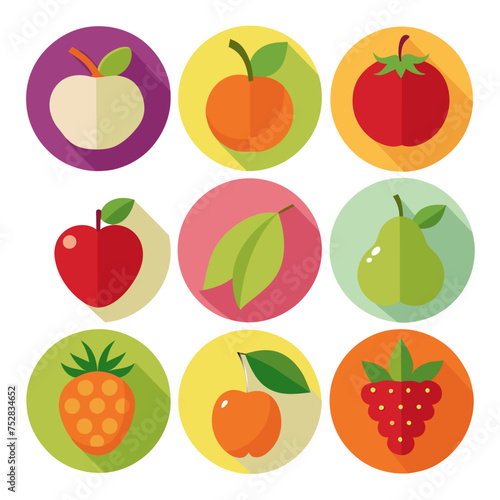Set of flat fruit icons with long shadow. Vector illustration,  