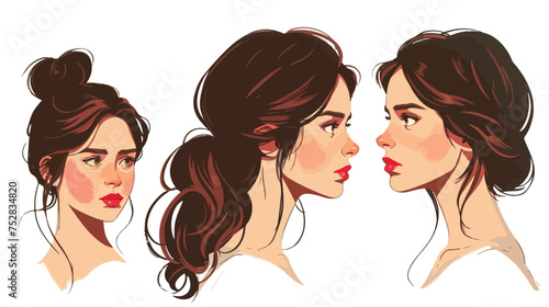 Vector single sketch female face. Women hairstyle. Flat