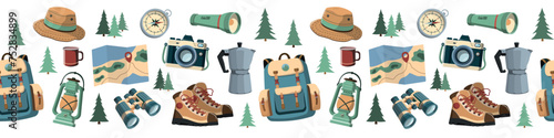 Collection of Summer Tourism and Camping equipment. Vector seamless border on white background. Forest travel and adventure accessories.